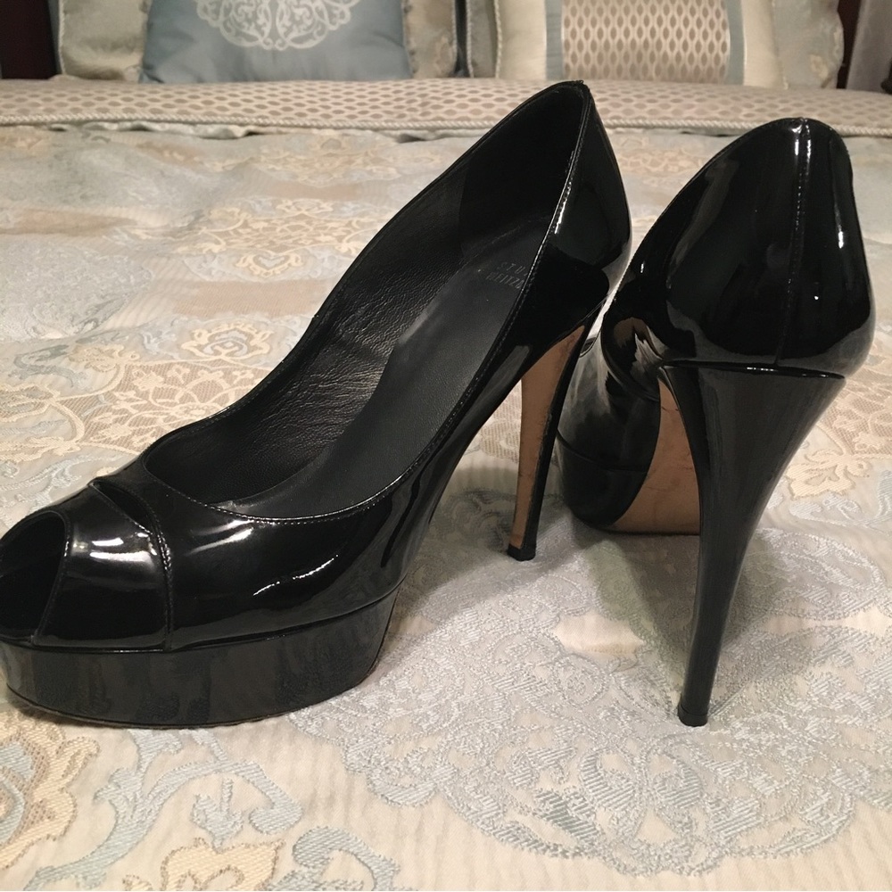 Stuart Weitzman PEEP TOE Sz 9.5 M Black Patent Leather MADE IN SPAIN~5" HEELS
